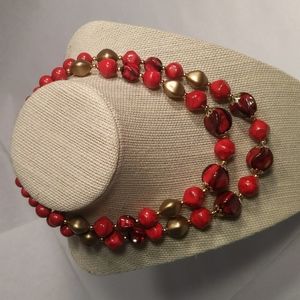 Red and gold tone bead choker necklace